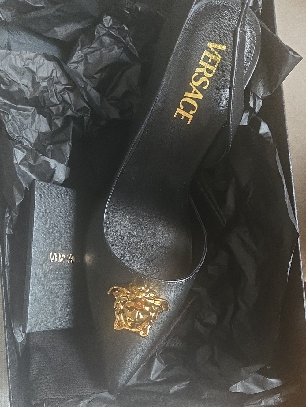 Versace Black Leather Slingback Pump with Gold Medusa